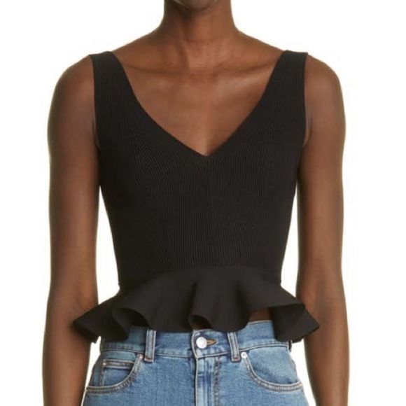 Alexander McQueen Tops - Alexander McQueen Black Ribbed Knit Sleeveless V-Neck Peplum Top Size M